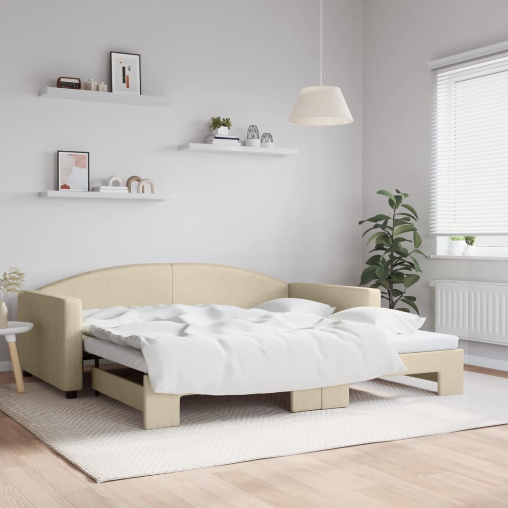 Slaapbank met onderschuifbed 100x200 cm stof crèmekleurig – afbeelding 1