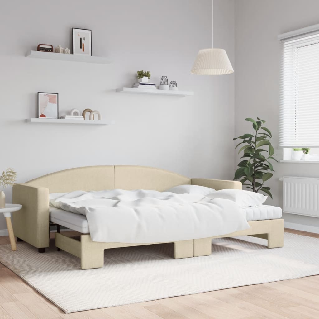 Slaapbank met onderschuifbed en matrassen 80x200 cm stof crème – afbeelding 1