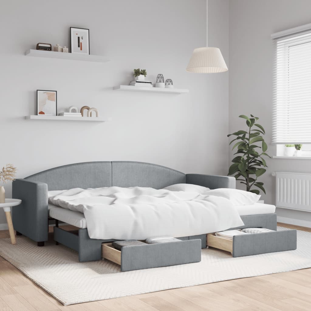 Slaapbank met onderschuifbed en lades 80x200 cm stof lichtgrijs – afbeelding 1