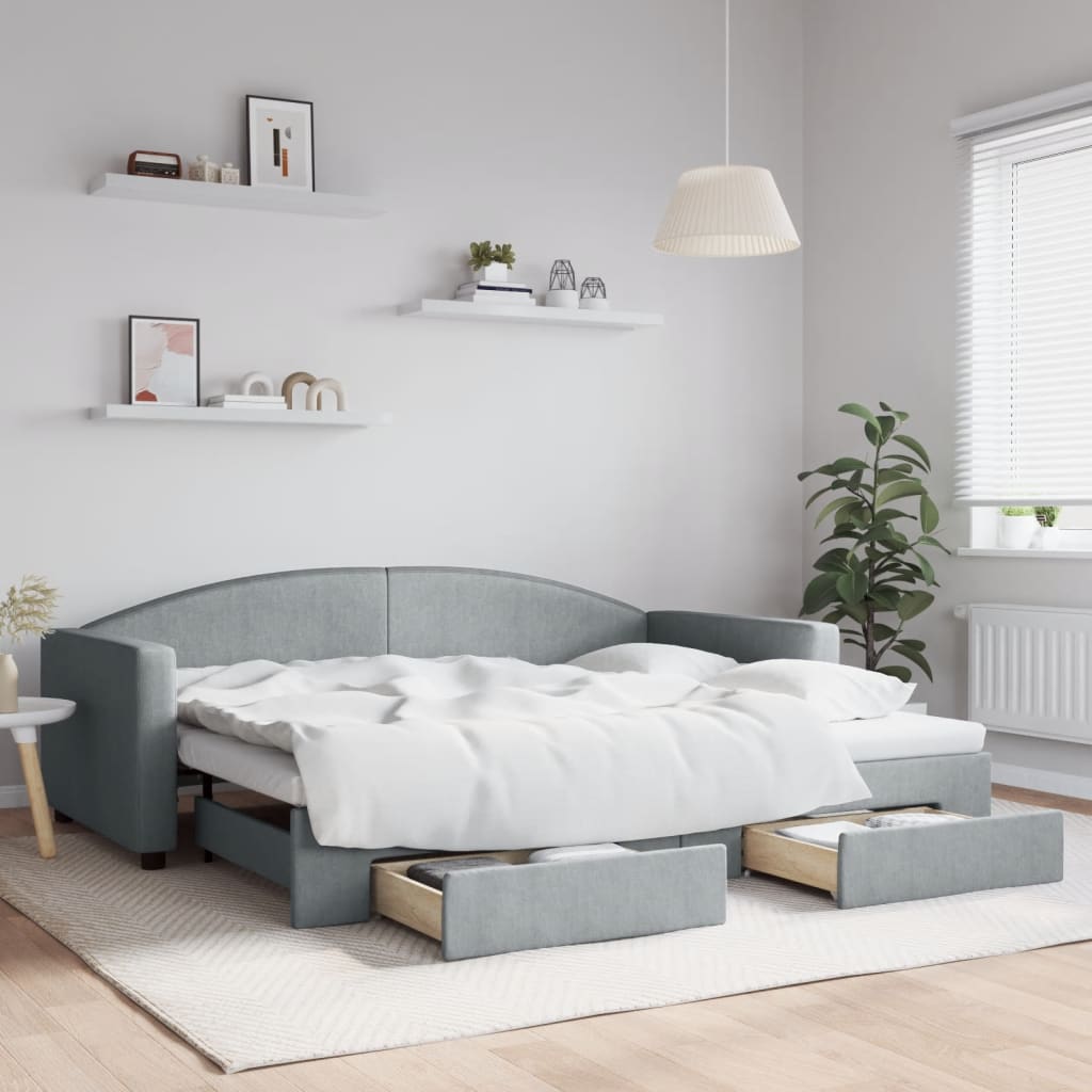 Slaapbank met onderschuifbed en lades 90x200 cm stof lichtgrijs – afbeelding 1