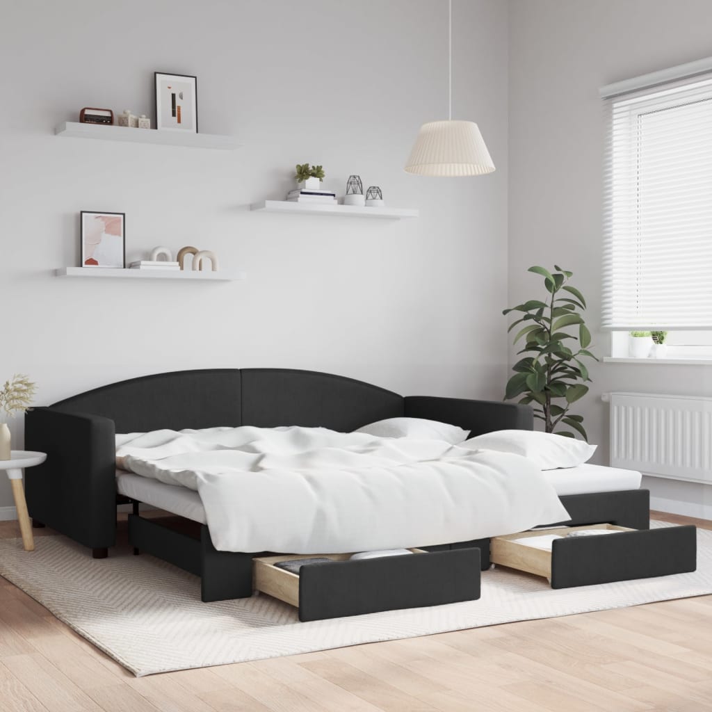 Slaapbank met onderschuifbed en lades 100x200 cm stof zwart – afbeelding 1