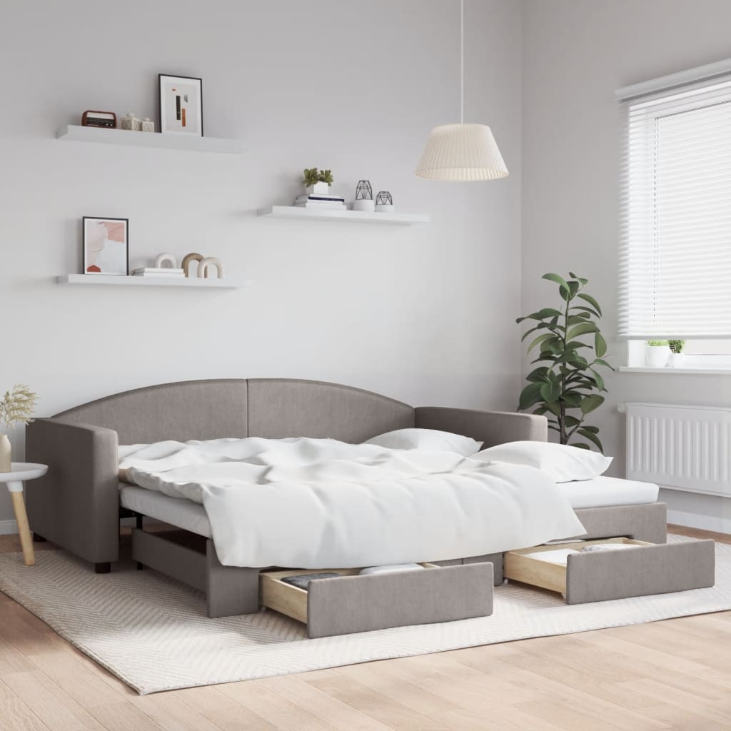 Slaapbank met onderschuifbed en lades 100x200 cm stof taupe – afbeelding 1