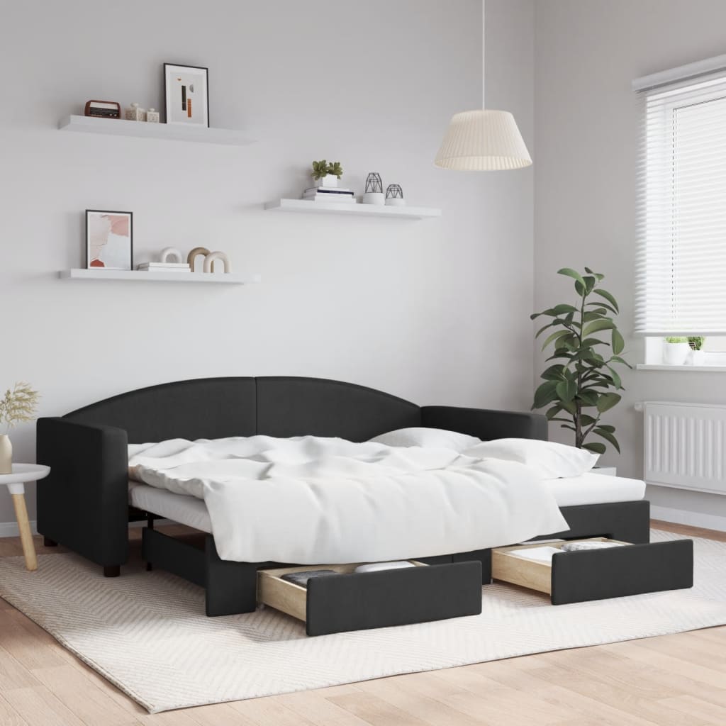 Slaapbank met onderschuifbed en lades 90x190 cm stof zwart – afbeelding 1