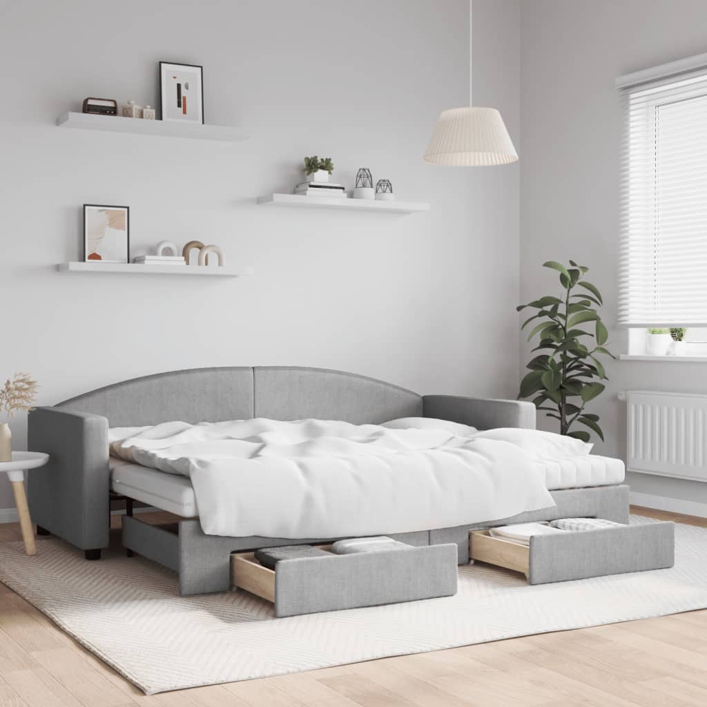 Slaapbank met onderschuifbed en lades 80x200 cm stof lichtgrijs – afbeelding 1