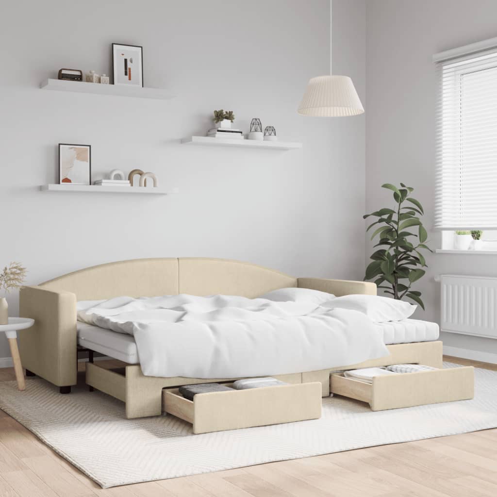 Slaapbank met onderschuifbed en lades 80x200 cm stof crèmekleur – afbeelding 1