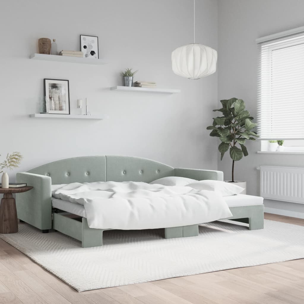 Slaapbank met onderschuifbed 90x190 cm fluweel lichtgrijs – afbeelding 1