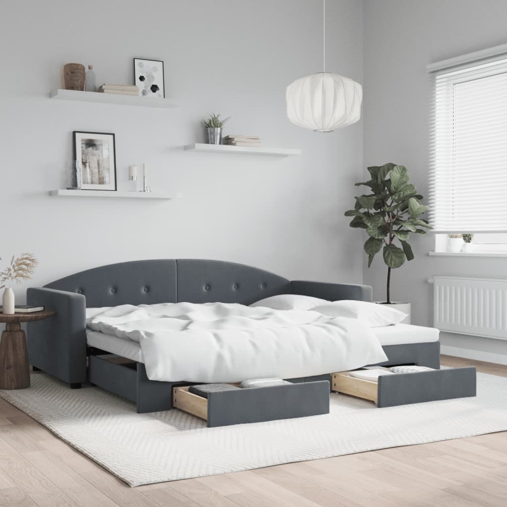 Slaapbank onderschuifbed en lades 90x200 cm fluweel donkergrijs – afbeelding 1