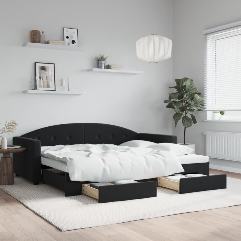 Slaapbank met onderschuifbed en lades 90x200 cm fluweel zwart – afbeelding 1