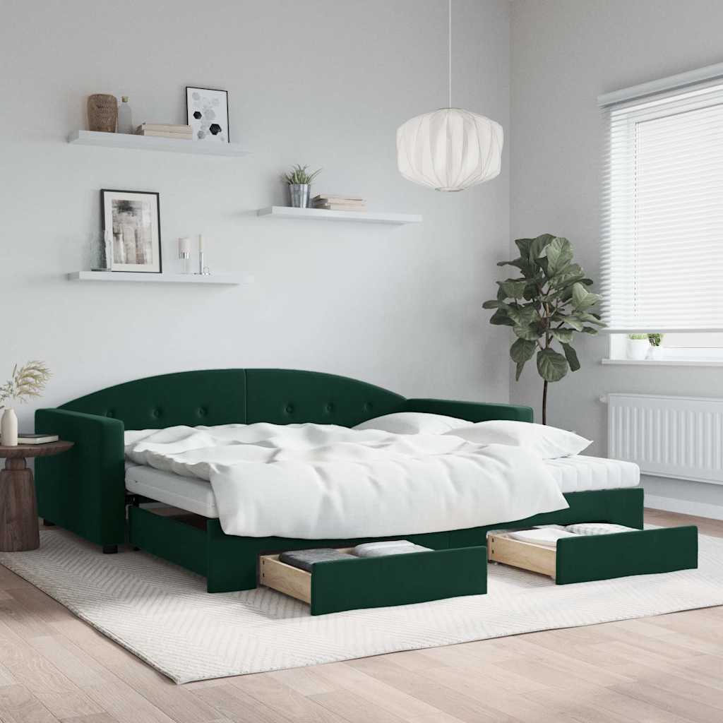 Slaapbank onderschuifbed lades 100x200 cm fluweel donkergroen – afbeelding 1