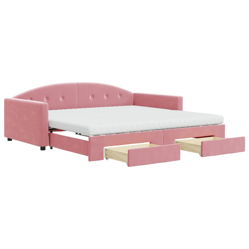 Slaapbank met onderschuifbed en lades 100x200 cm fluweel roze – afbeelding 2