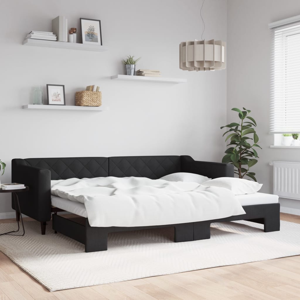 Slaapbank met onderschuifbed 90x200 cm stof zwart – afbeelding 1