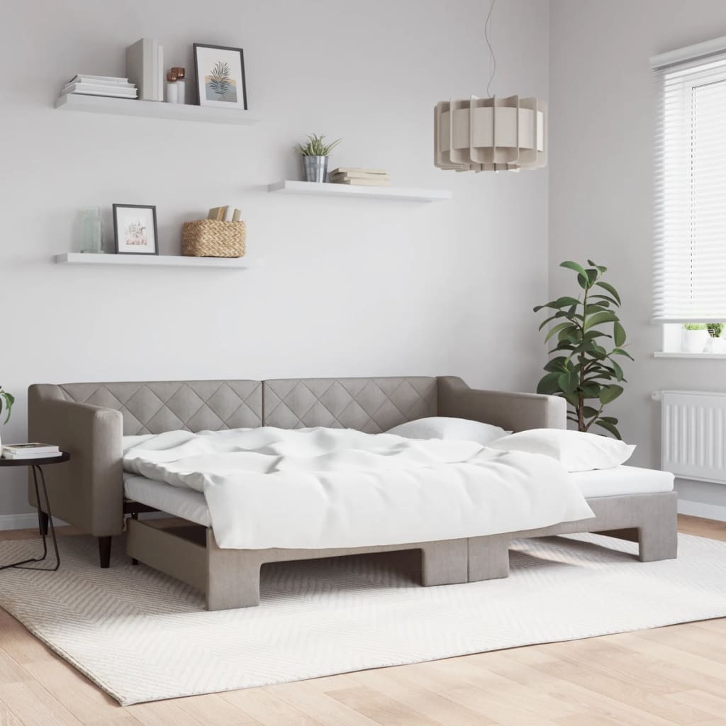 Slaapbank met onderschuifbed 90x200 cm stof taupe – afbeelding 1