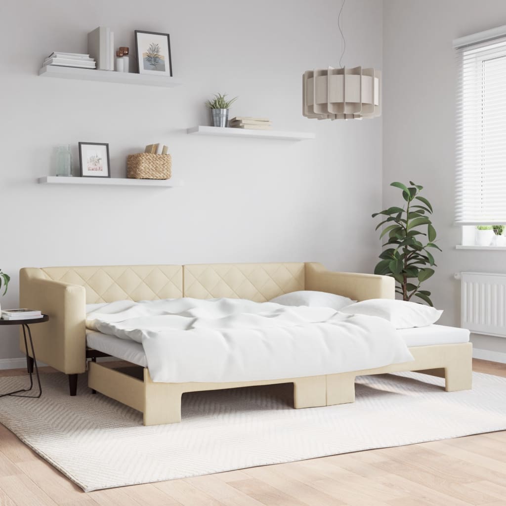 Slaapbank met onderschuifbed 90x200 cm stof crèmekleurig – afbeelding 1