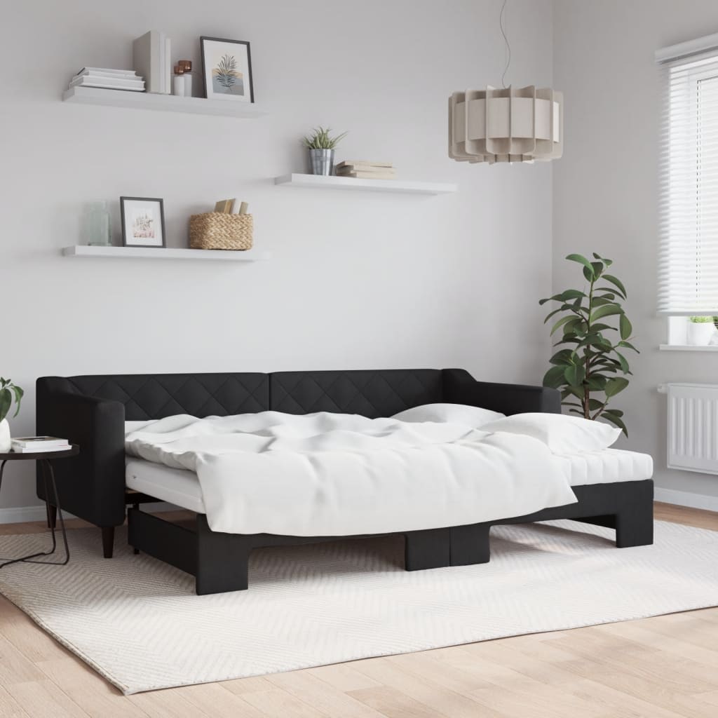 Slaapbank met onderschuifbed en matrassen 80x200 cm stof zwart – afbeelding 1
