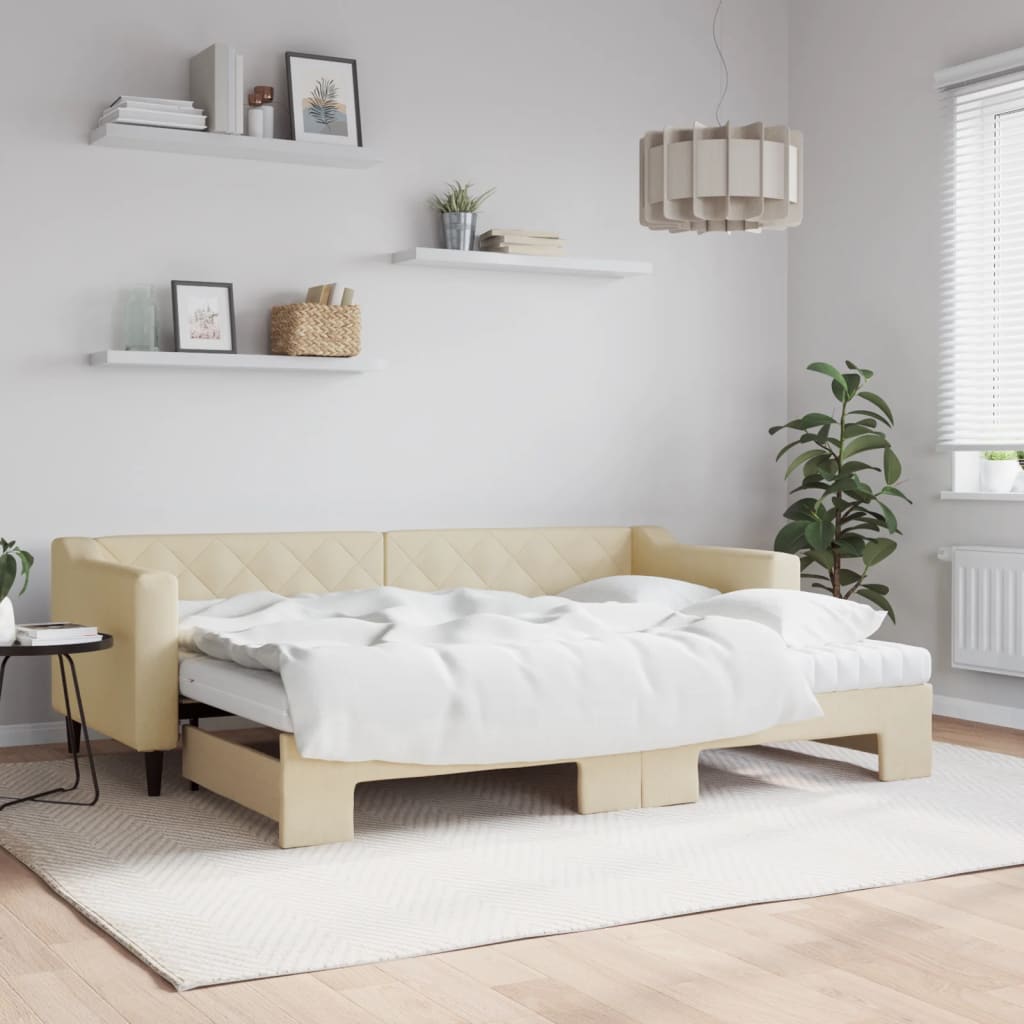 Slaapbank met onderschuifbed en matrassen 80x200 cm stof crème – afbeelding 1