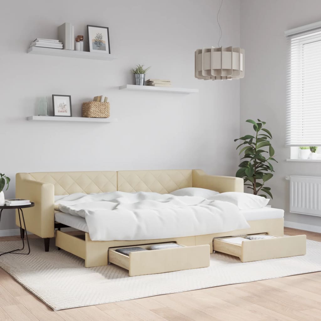 Slaapbank met onderschuifbed en lades 80x200 cm stof crèmekleur – afbeelding 1