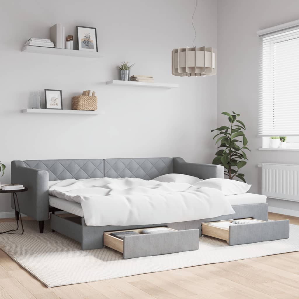 Slaapbank met onderschuifbed en lades 90x200 cm stof lichtgrijs – afbeelding 1