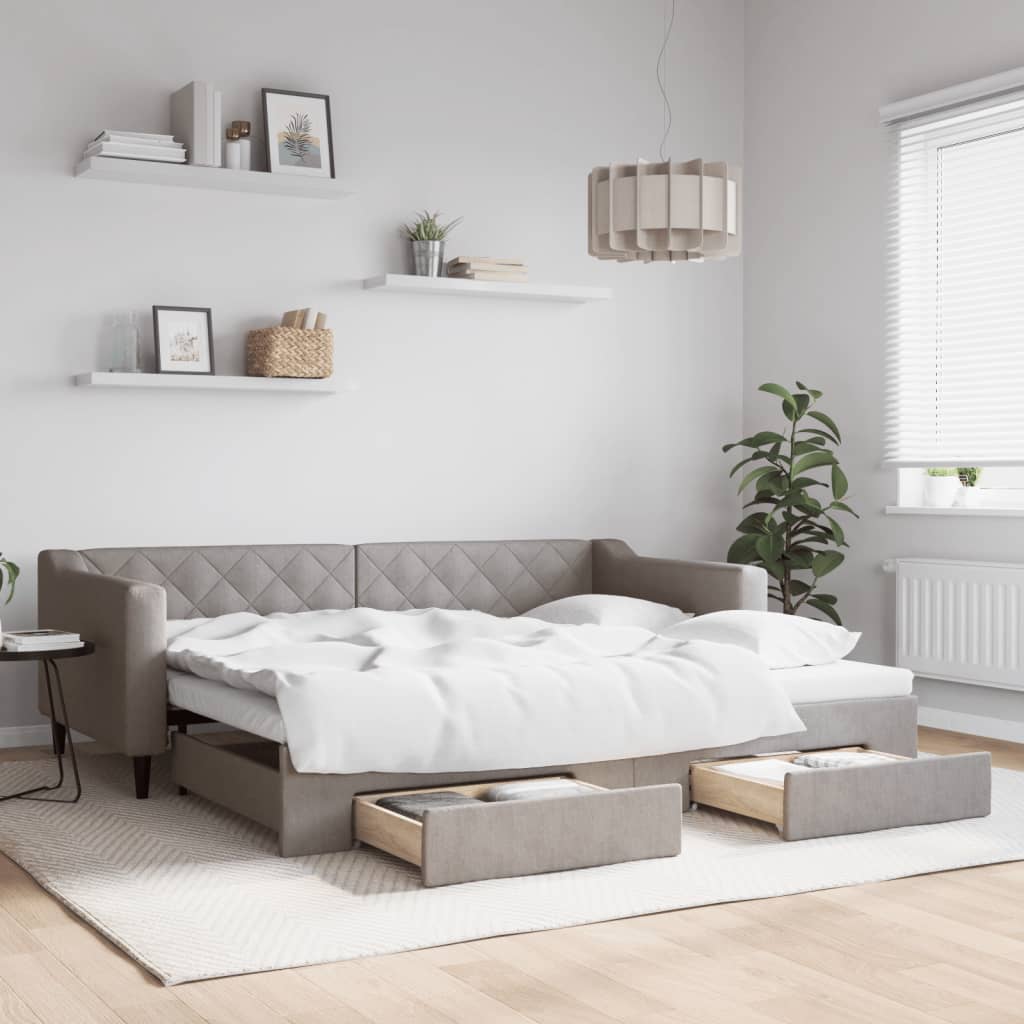 Slaapbank met onderschuifbed en lades 90x200 cm stof taupe – afbeelding 1