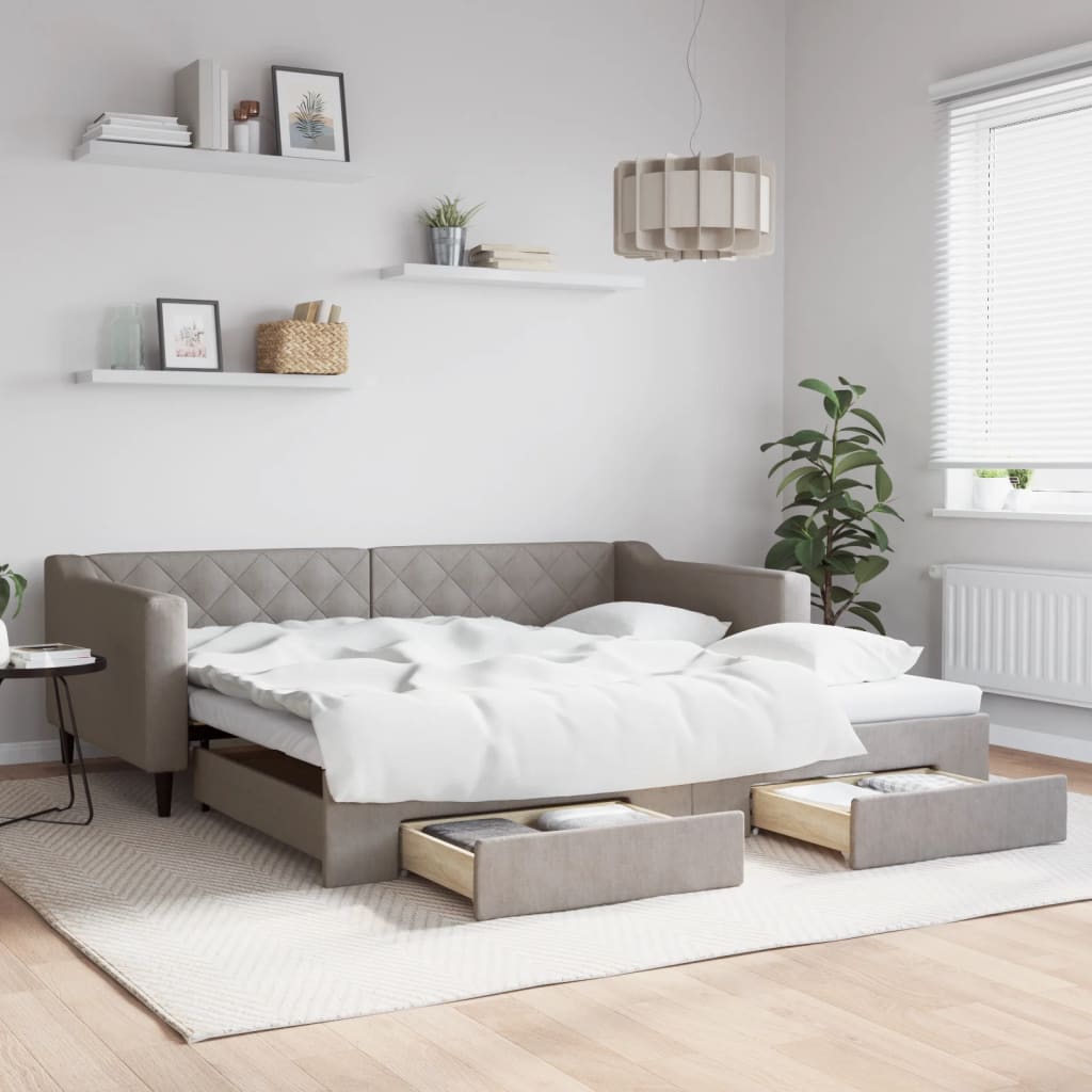 Slaapbank met onderschuifbed en lades 100x200 cm stof taupe – afbeelding 1