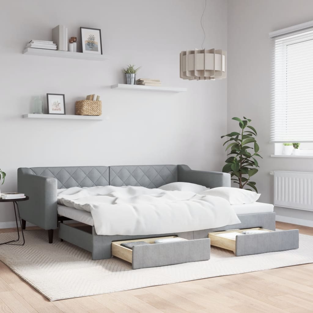 Slaapbank met onderschuifbed en lades 90x190 cm stof lichtgrijs – afbeelding 1