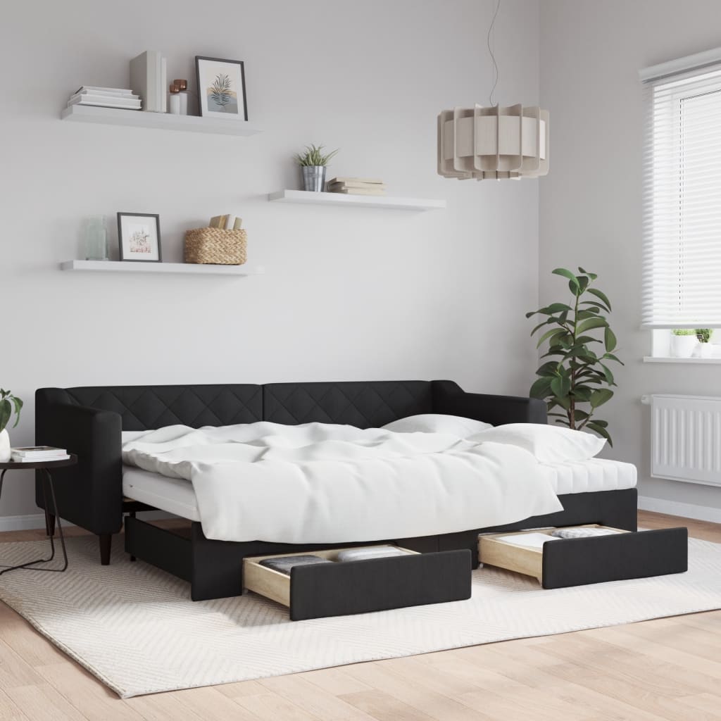 Slaapbank met onderschuifbed en lades 80x200 cm stof zwart – afbeelding 1
