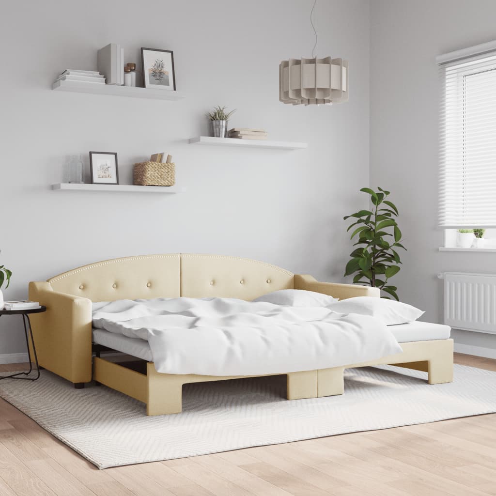Slaapbank met onderschuifbed 90x200 cm stof crèmekleurig – afbeelding 1
