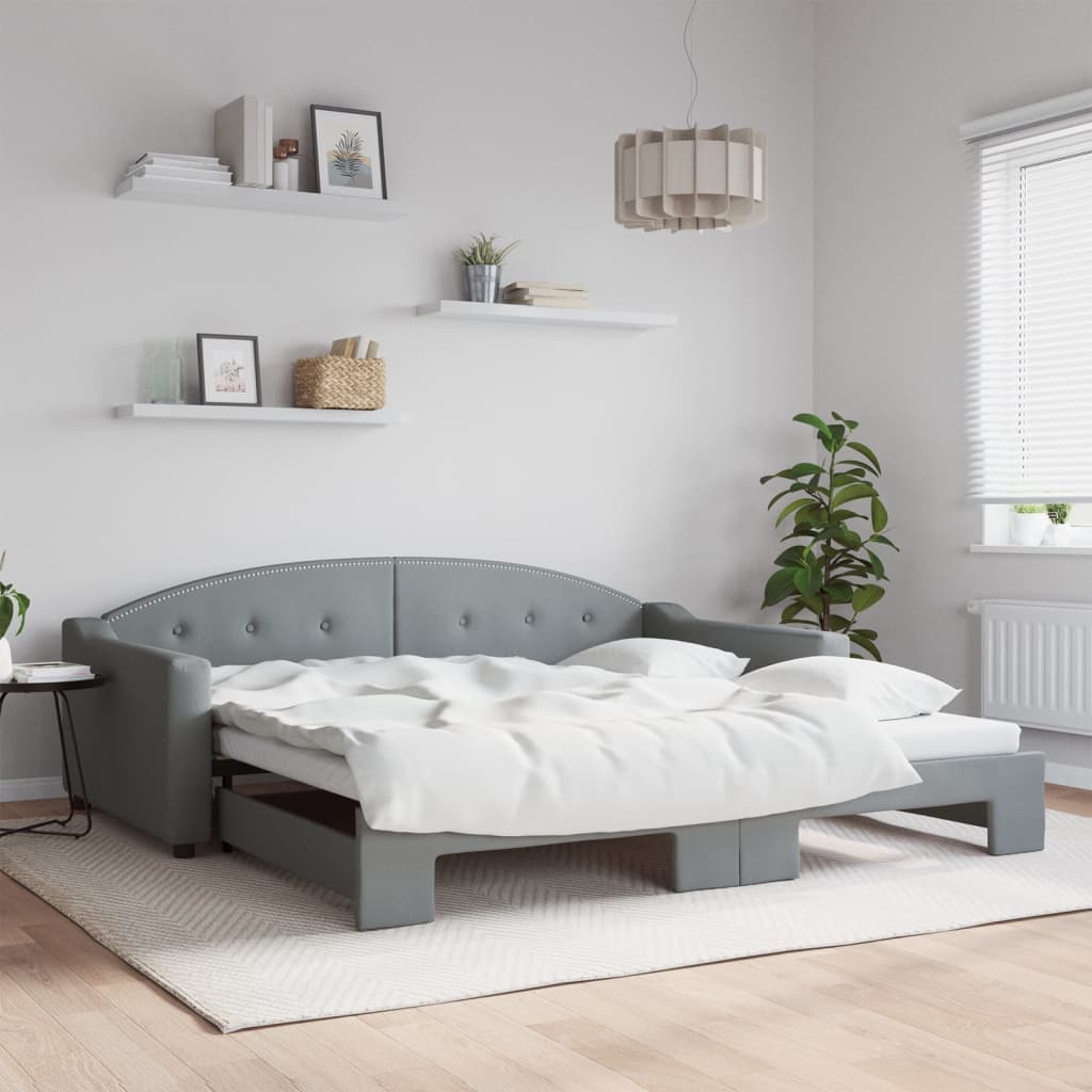 Slaapbank met onderschuifbed 100x200 cm stof lichtgrijs – afbeelding 1
