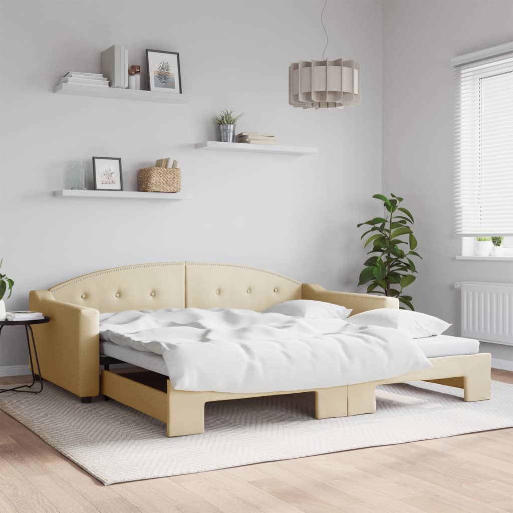 Slaapbank met onderschuifbed 100x200 cm stof crèmekleurig – afbeelding 1