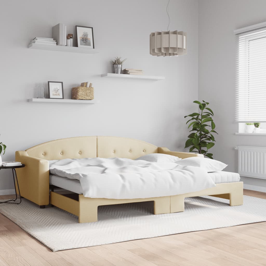 Slaapbank met onderschuifbed en matrassen 90x200 cm stof crème – afbeelding 1