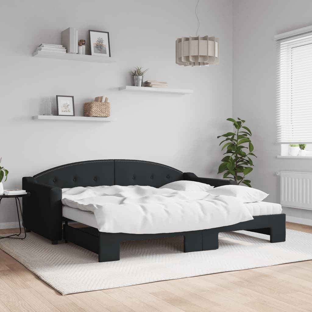 Slaapbank met onderschuifbed en matrassen 90x190 cm stof zwart – afbeelding 1
