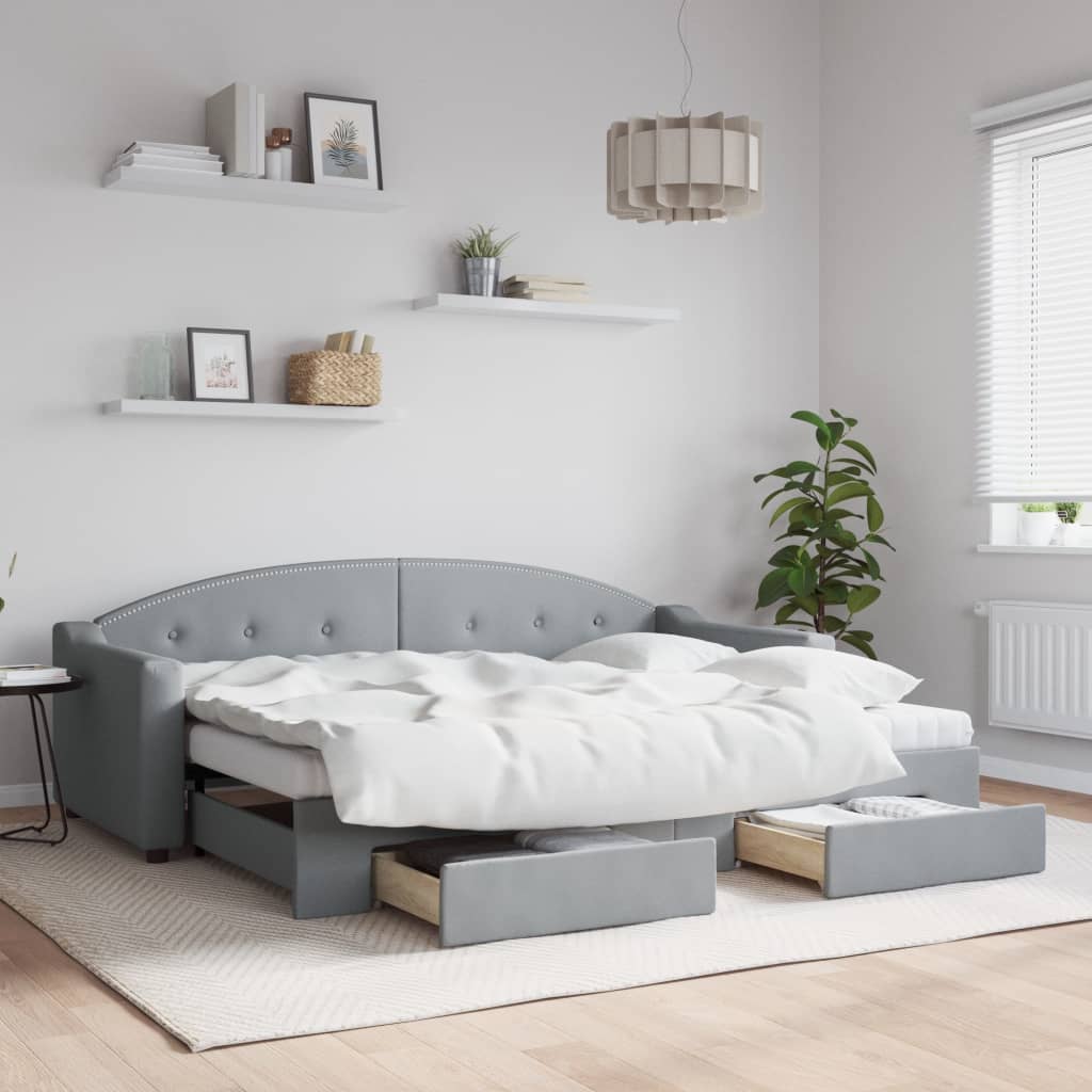 Slaapbank met onderschuifbed en lades 80x200 cm stof lichtgrijs – afbeelding 1