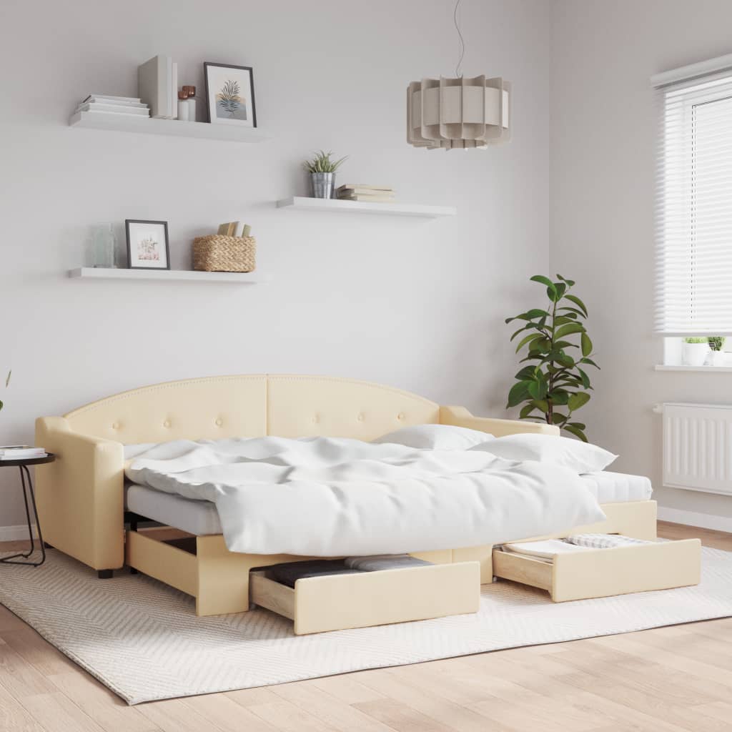 Slaapbank met onderschuifbed en lades 80x200 cm stof crèmekleur – afbeelding 1