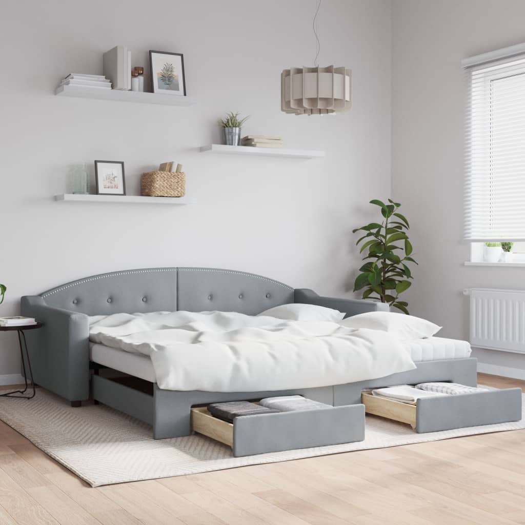 Slaapbank onderschuifbed en lades 100x200 cm stof lichtgrijs – afbeelding 1