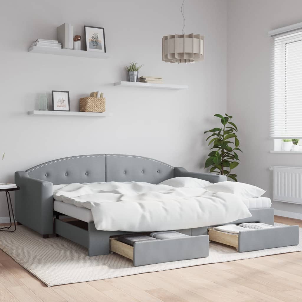 Slaapbank met onderschuifbed en lades 90x190 cm stof lichtgrijs – afbeelding 1