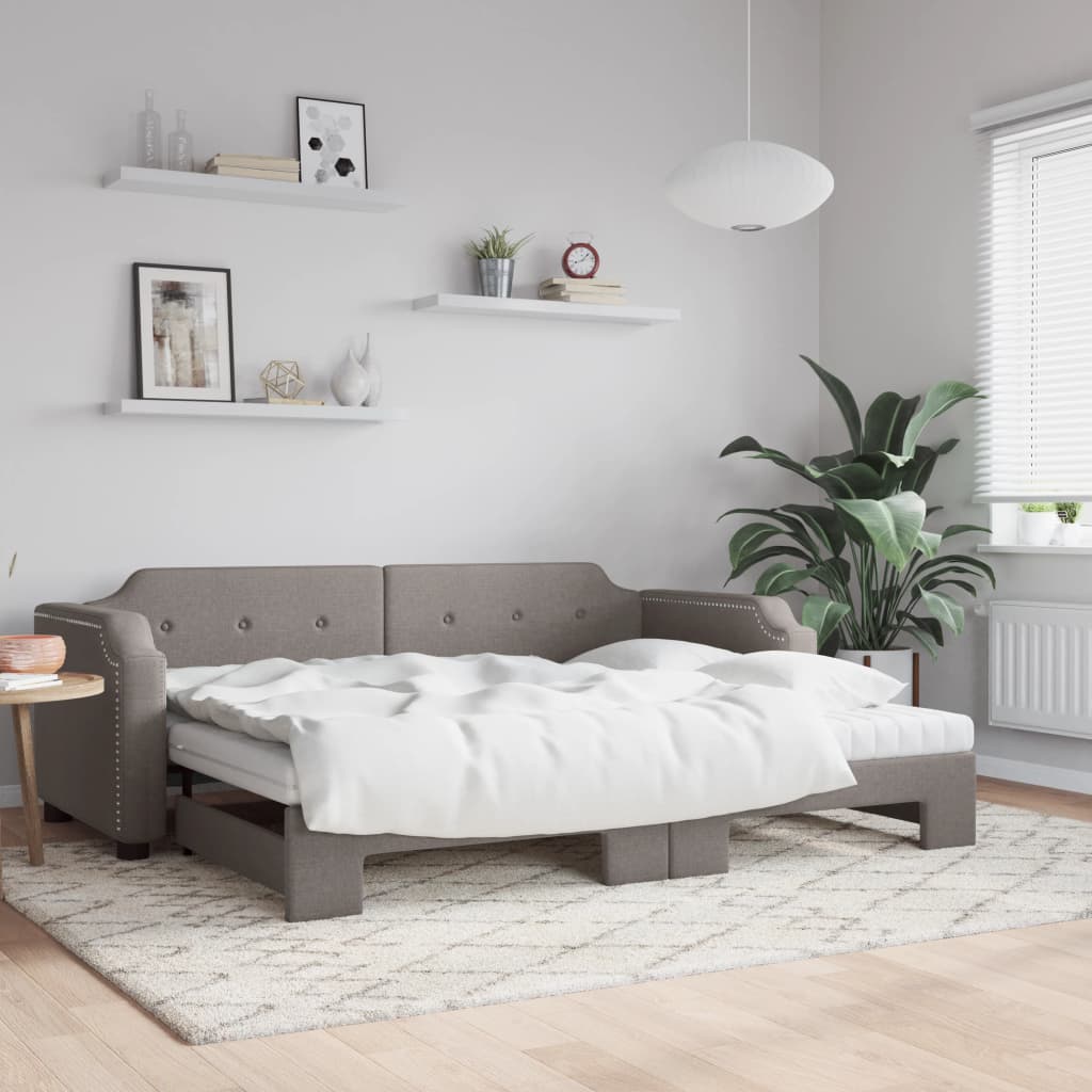 Slaapbank met onderschuifbed en matrassen 90x200 cm stof taupe – afbeelding 1