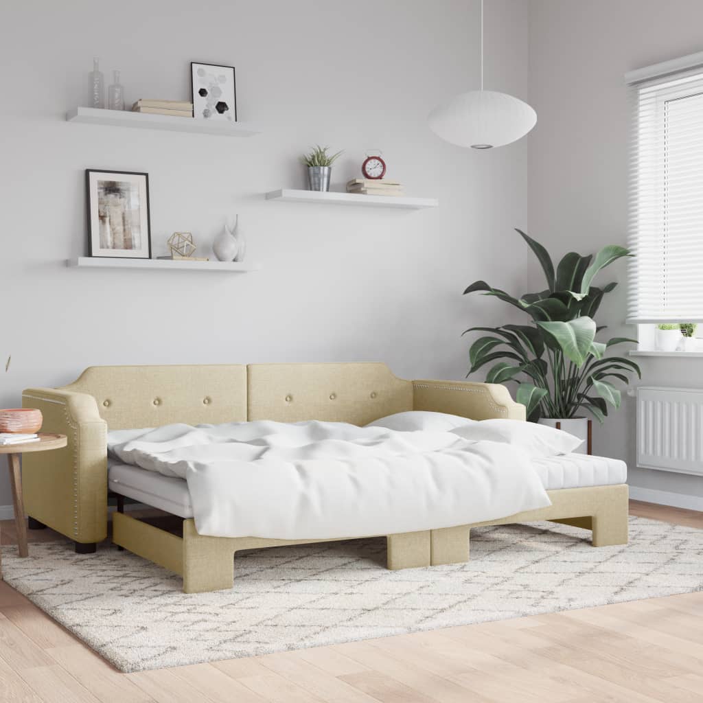 Slaapbank met onderschuifbed en matrassen 90x200 cm stof crème – afbeelding 1