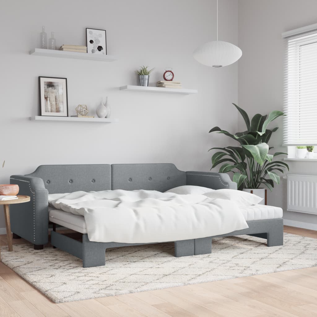 Slaapbank onderschuifbed en matrassen 90x190 cm stof lichtgrijs – afbeelding 1