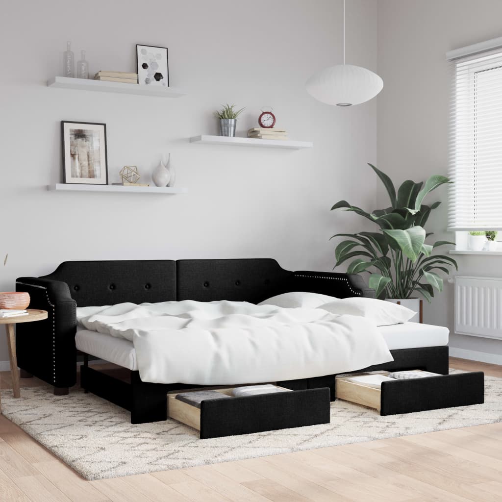 Slaapbank met onderschuifbed en lades 80x200 cm stof zwart – afbeelding 1