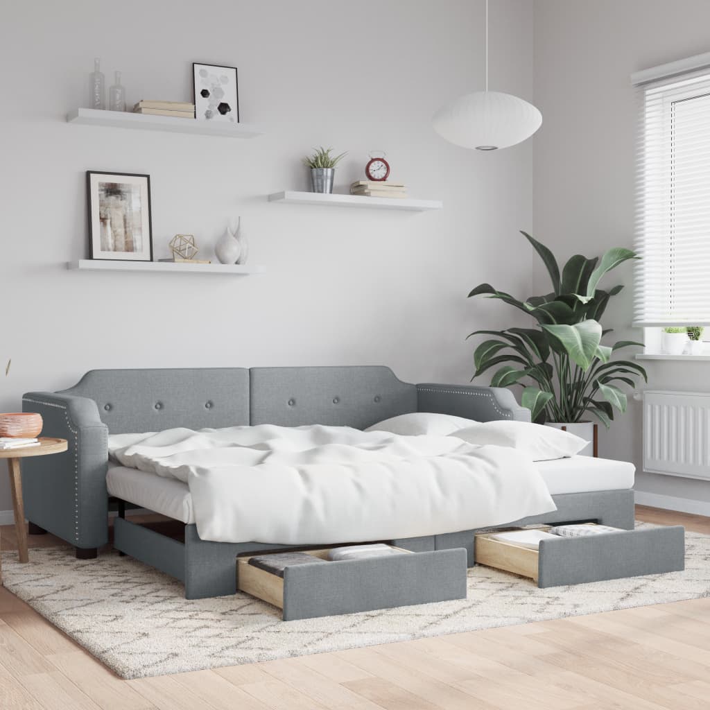 Slaapbank met onderschuifbed en lades 90x200 cm stof lichtgrijs – afbeelding 1