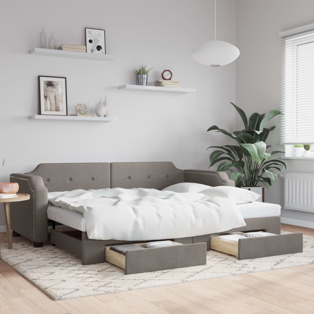 Slaapbank met onderschuifbed en lades 90x200 cm stof taupe – afbeelding 1