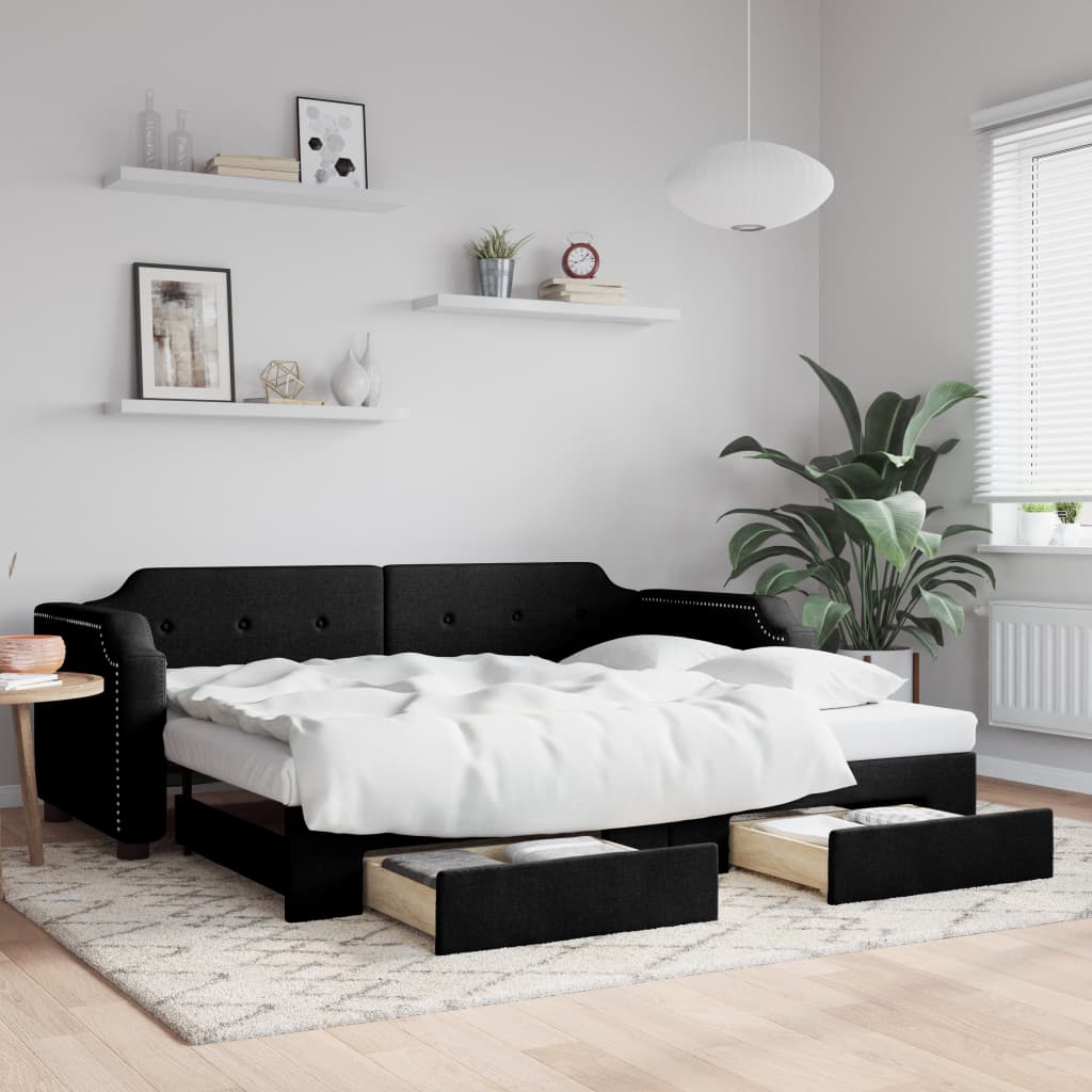 Slaapbank met onderschuifbed en lades 100x200 cm stof zwart – afbeelding 1
