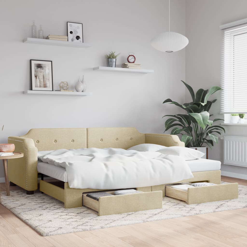Slaapbank met onderschuifbed en lades 100x200 cm stof crème – afbeelding 1