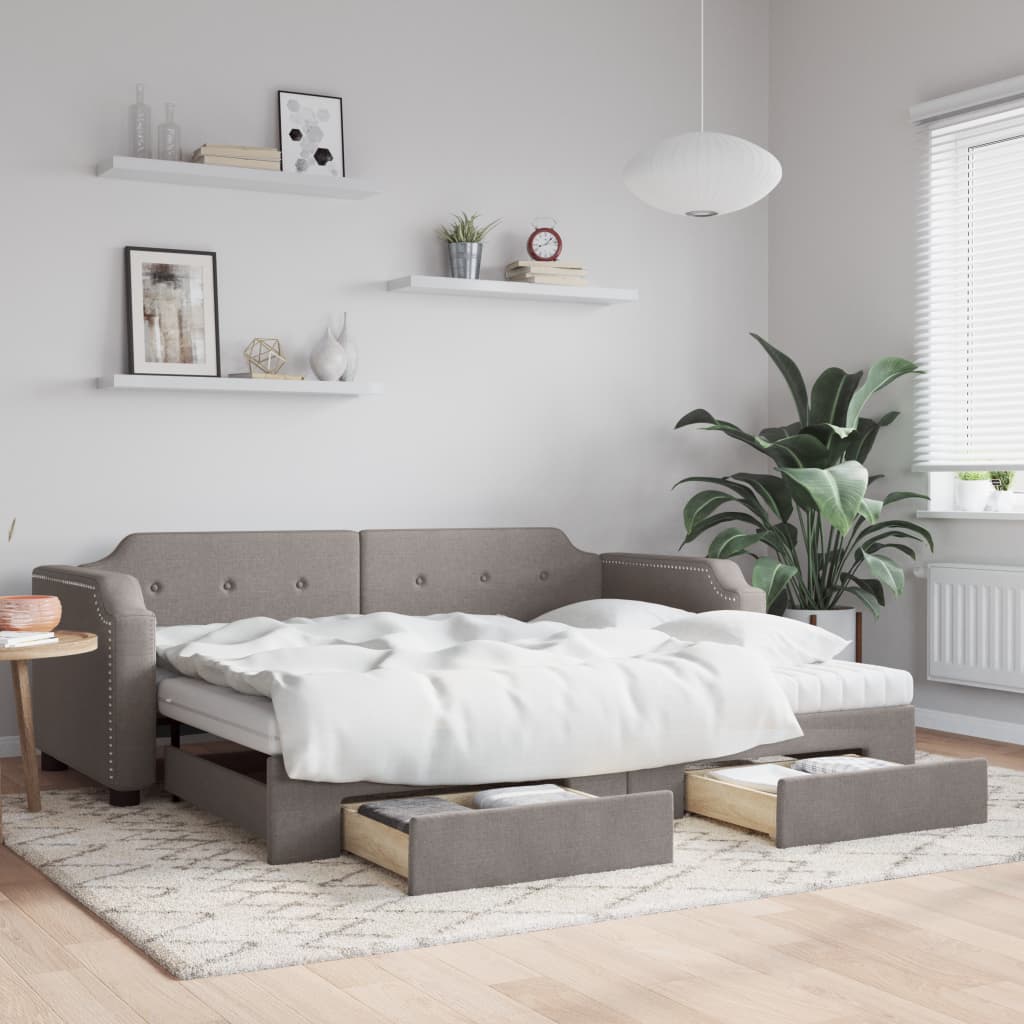 Slaapbank met onderschuifbed en lades 90x200 cm stof taupe – afbeelding 1
