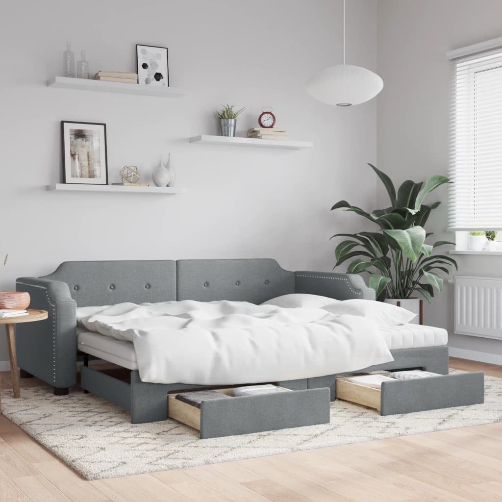 Slaapbank met onderschuifbed en lades 90x190 cm stof lichtgrijs – afbeelding 1