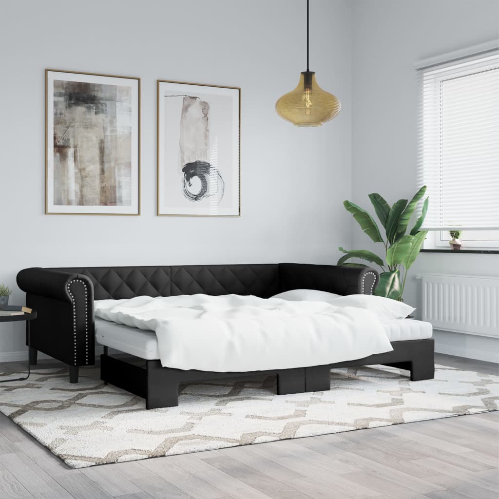Slaapbank met onderschuifbed 90x200 cm kunstleer zwart – afbeelding 1