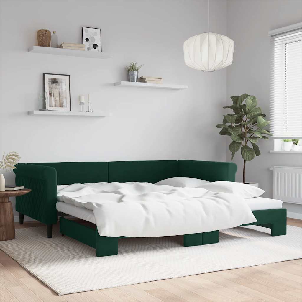 Slaapbank met onderschuifbed 100x200 cm fluweel donkergroen – afbeelding 1