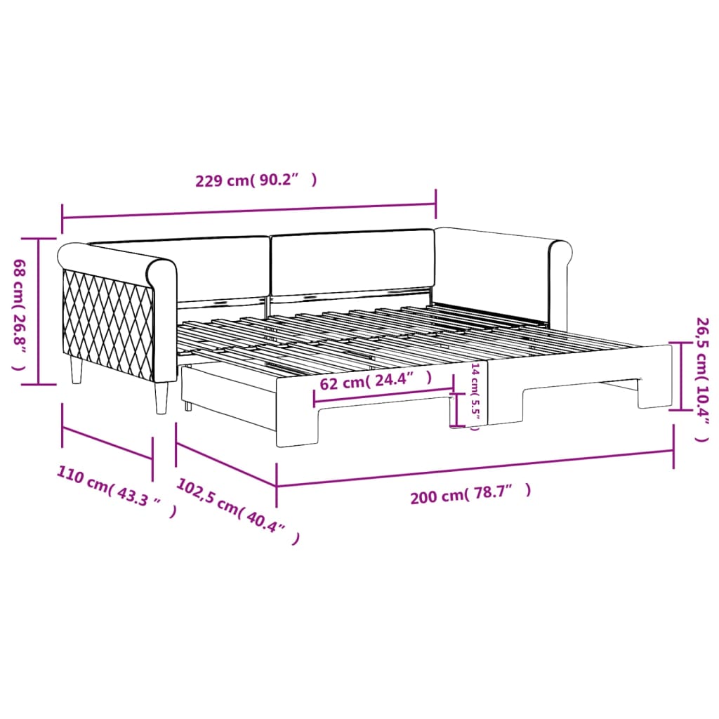 Slaapbank met onderschuifbed 100x200 cm fluweel roze – afbeelding 11