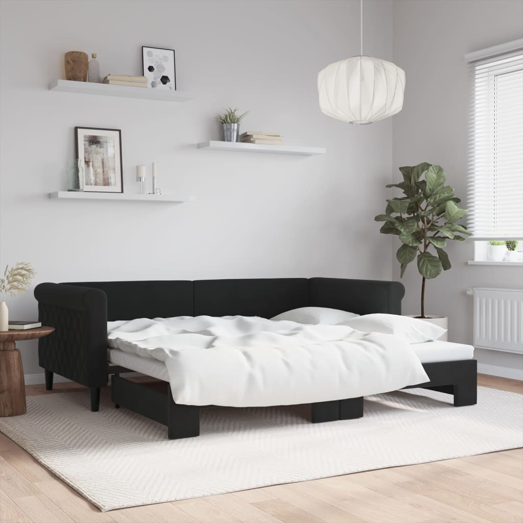 Slaapbank met onderschuifbed 90x190 cm fluweel zwart – afbeelding 1
