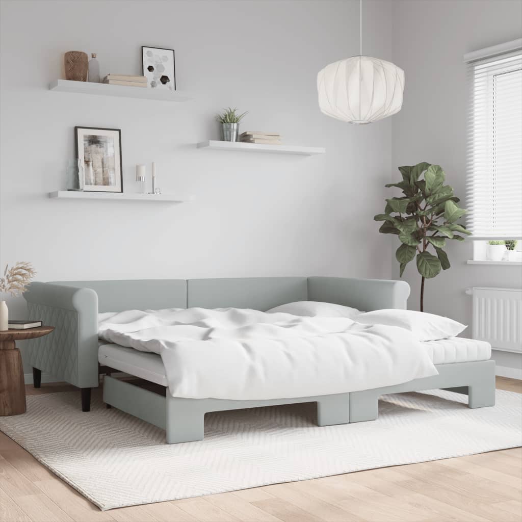 Slaapbank onderschuifbed matrassen 100x200cm fluweel lichtgrijs – afbeelding 1