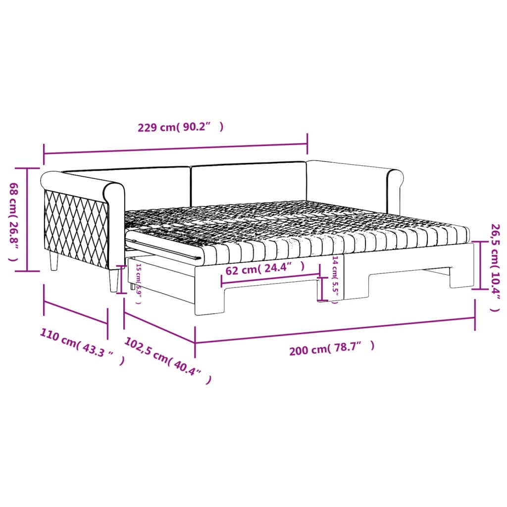 Slaapbank onderschuifbed en matrassen 100x200 cm fluweel roze – afbeelding 12